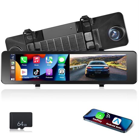 Podofo 11.26" IPS Wireless CarPlay Mirror Dash Cam Touch Screen Front & Rear