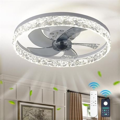 White LED Flush Mount Ceiling Fan with Light, Remote, Double Ring Design and