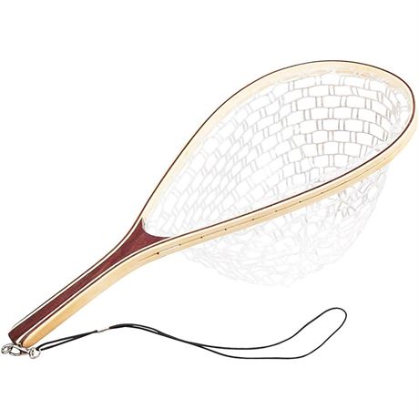 Wooden Frame Fly Fishing Landing Net, Soft Knotless Rubber Mesh, Fish-Friendly